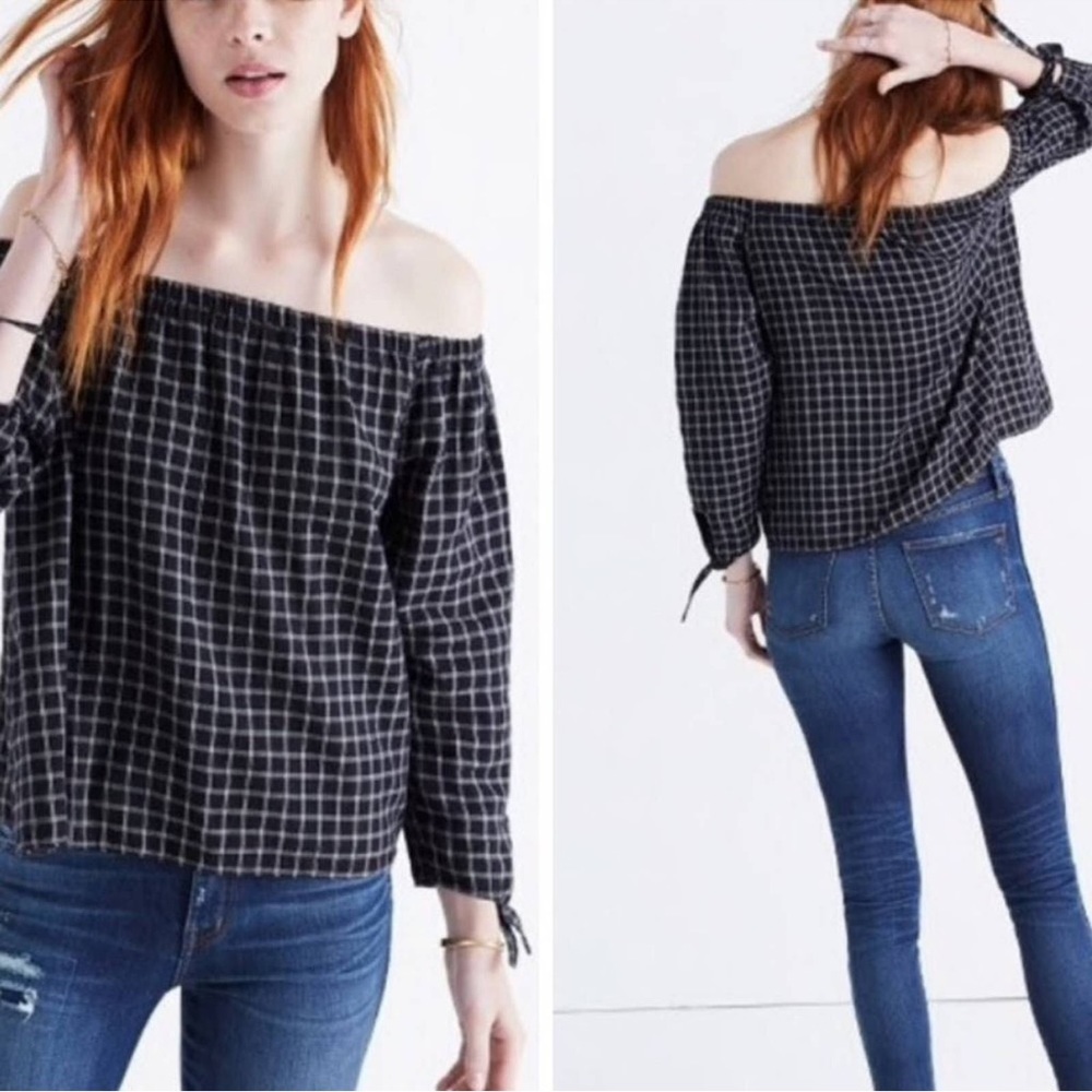 Madewell Womens Off Shoulder Plaid Checked Blouse Top Black White Style F9281 XS